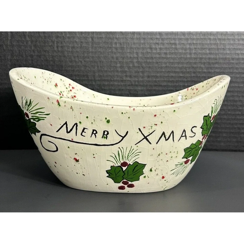 Merry X-mas Bowl Red Green‎ Sprinkles 1990 OOAK Christmas Holiday popcorn